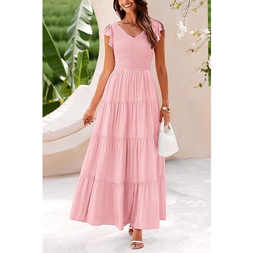 Women's Summer Flowy Maxi Dress Casual Cap Sleeve V Neck Smocked Beach  Sundress