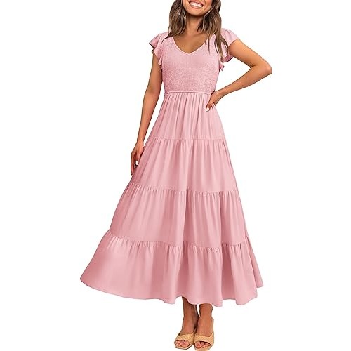 Women's Summer Flowy Maxi Dress Casual Cap Sleeve V Neck Smocked Beach Sundress