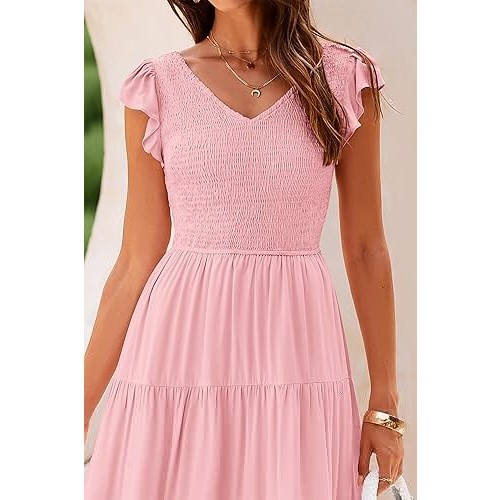 Women's Summer Flowy Maxi Dress Casual Cap Sleeve V Neck Smocked Beach Sundress Women's Summer Flowy Maxi Dress Casual Cap Sleeve V Neck Smocked Beach Sundress